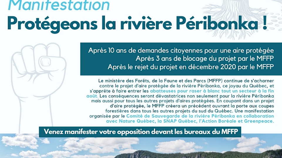 Appel à la manifestation en soutien à l'aire protégée de la Rivière Péribonka